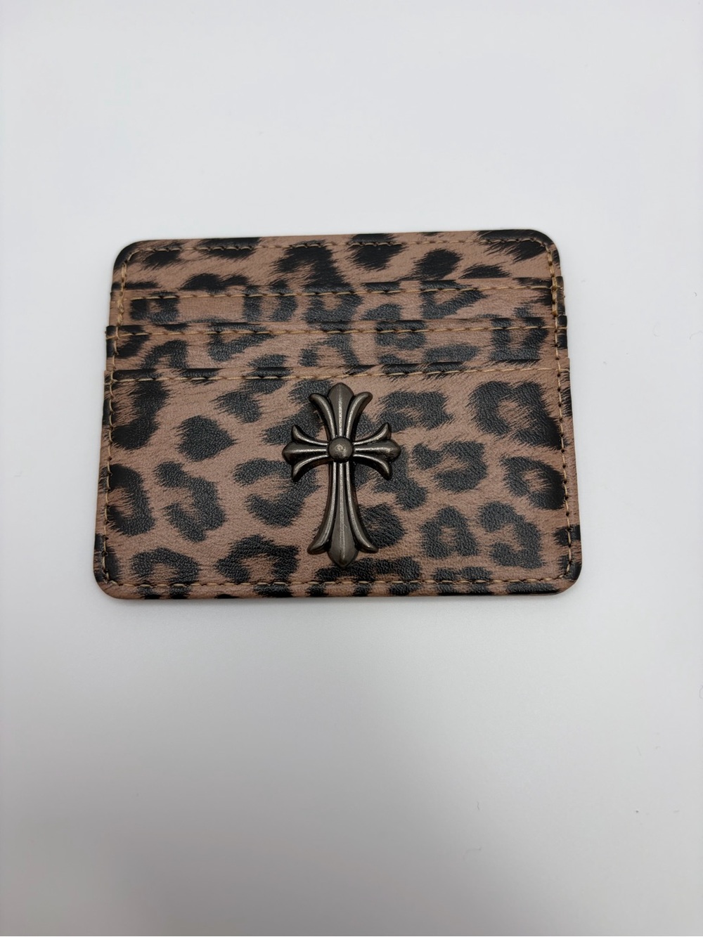 Leopard Print Card & Key Holder with Cross Accent - Brown